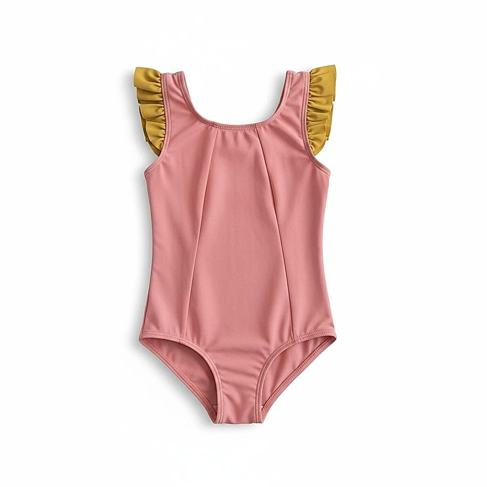 NWT! Dot Dot Smile Girls' Pink One-Piece Swimsuit with Yellow Ruffle Shoulders